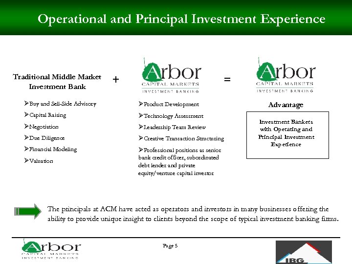 Operational and Principal Investment Experience Traditional Middle Market Investment Bank + = ØBuy and