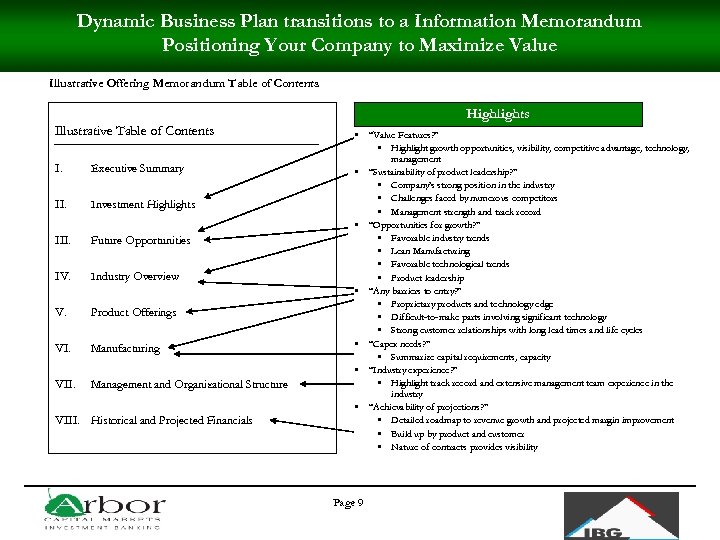 Dynamic Business Plan transitions to a Information Memorandum Positioning Your Company to Maximize Value