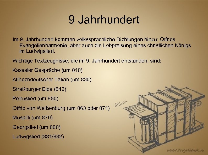 9 Jahrhundert Im 9. Jahrhundert kommen volkssprachliche Dichtungen hinzu: Otfrids Evangelienharmonie, aber auch die