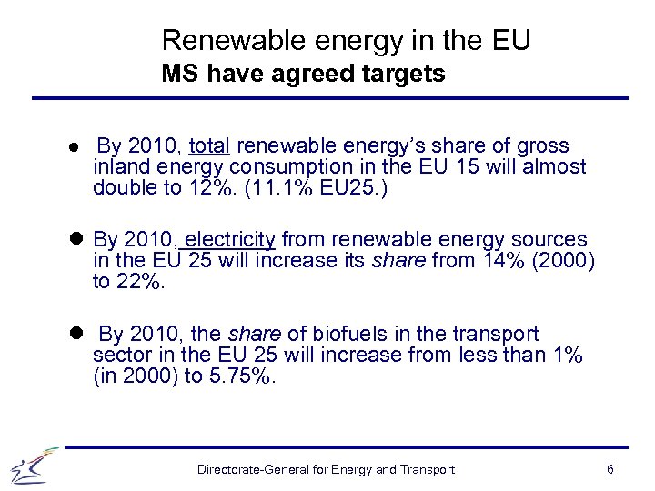 Renewable energy in the EU MS have agreed targets l By 2010, total renewable