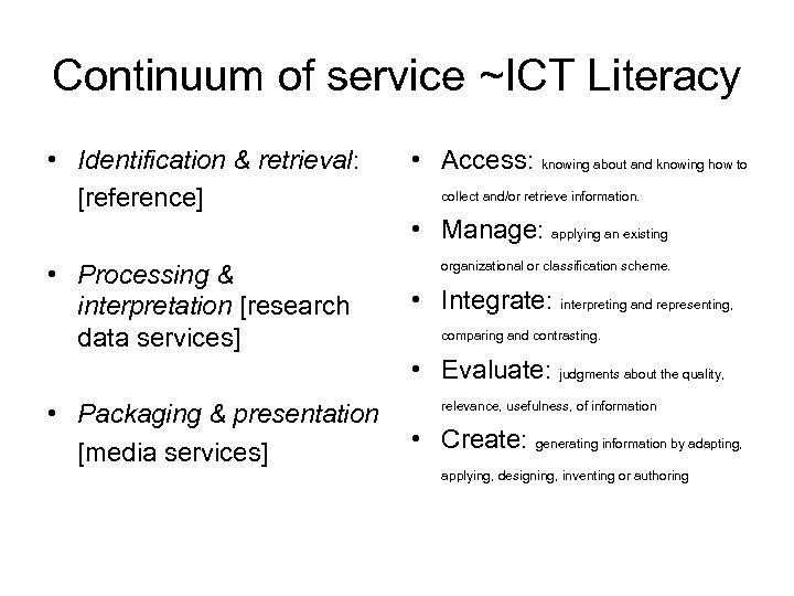 Continuum of service ~ICT Literacy • Identification & retrieval: [reference] • Access: knowing about