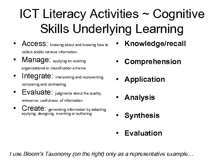 ICT Literacy Activities ~ Cognitive Skills Underlying Learning • Access: knowing about and knowing