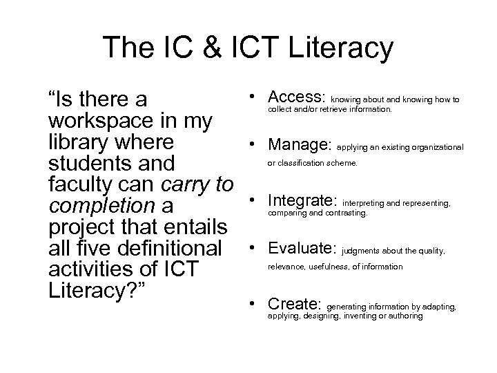 The IC & ICT Literacy “Is there a workspace in my library where students