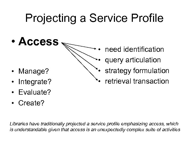 Projecting a Service Profile • Access • • Manage? Integrate? Evaluate? Create? • •