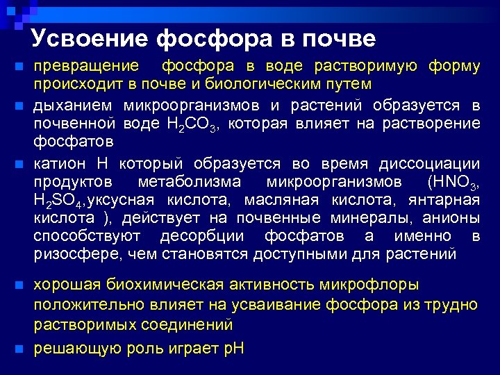 Усвоение фосфора в почве n n n превращение фосфора в воде растворимую форму происходит
