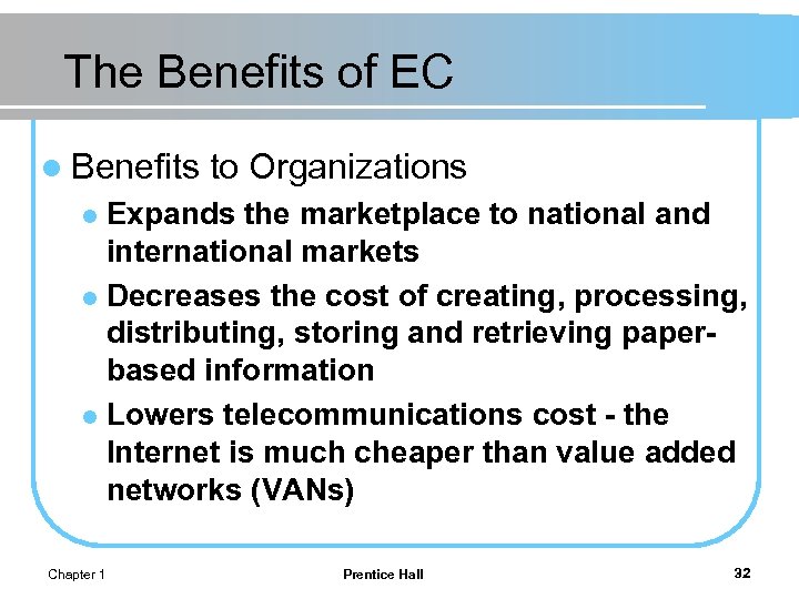 The Benefits of EC l Benefits to Organizations Expands the marketplace to national and