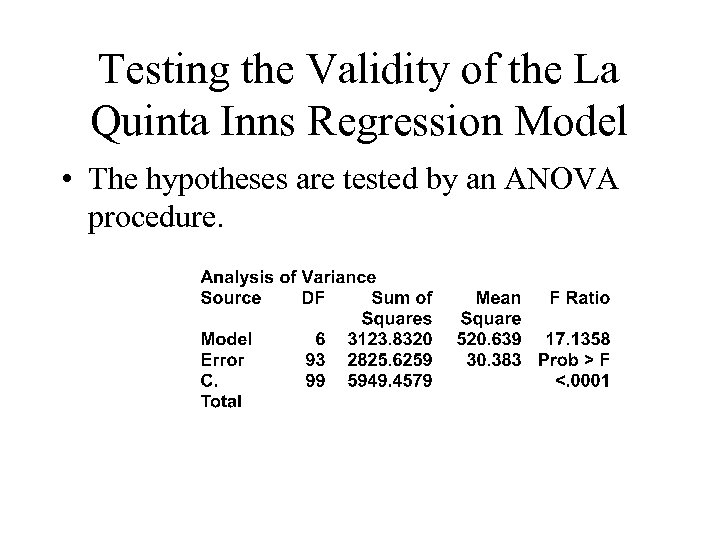 Testing the Validity of the La Quinta Inns Regression Model • The hypotheses are