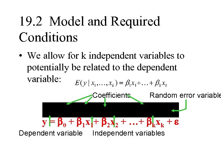 19. 2 Model and Required Conditions • We allow for k independent variables to