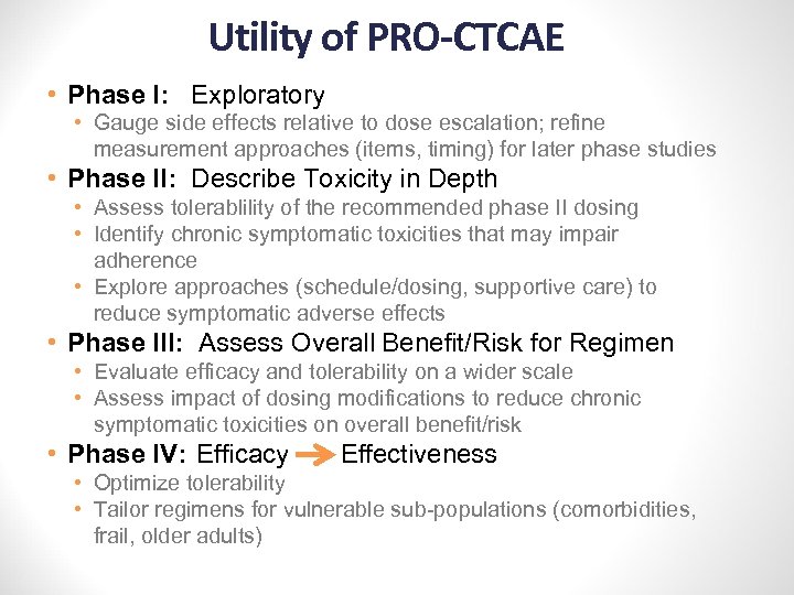 Utility of PRO-CTCAE • Phase I: Exploratory • Gauge side effects relative to dose