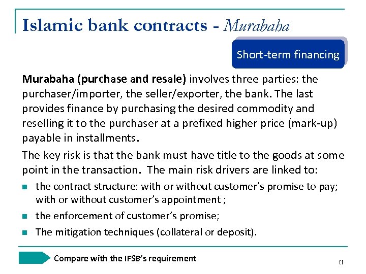 Islamic bank contracts - Murabaha Short-term financing Murabaha (purchase and resale) involves three parties: