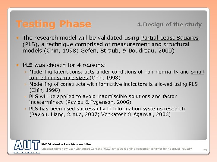 Testing Phase 4. Design of the study The research model will be validated using