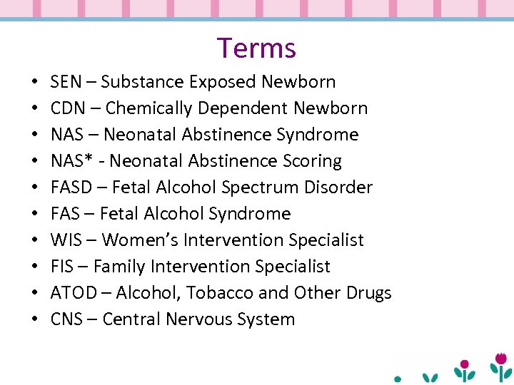 Terms • • • SEN – Substance Exposed Newborn CDN – Chemically Dependent Newborn