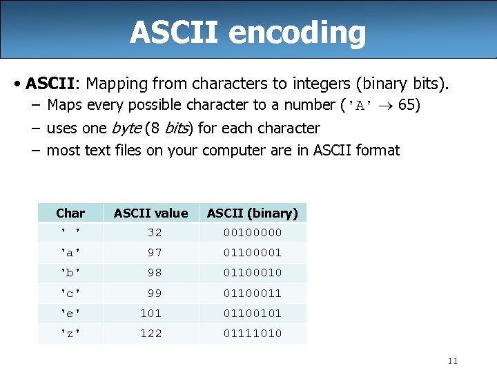 ASCII encoding • ASCII: Mapping from characters to integers (binary bits). – Maps every