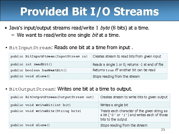 Provided Bit I/O Streams • Java's input/output streams read/write 1 byte (8 bits) at