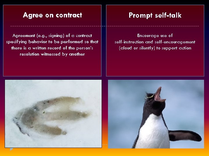 Agree on contract Prompt self-talk Agreement (e. g. , signing) of a contract specifying