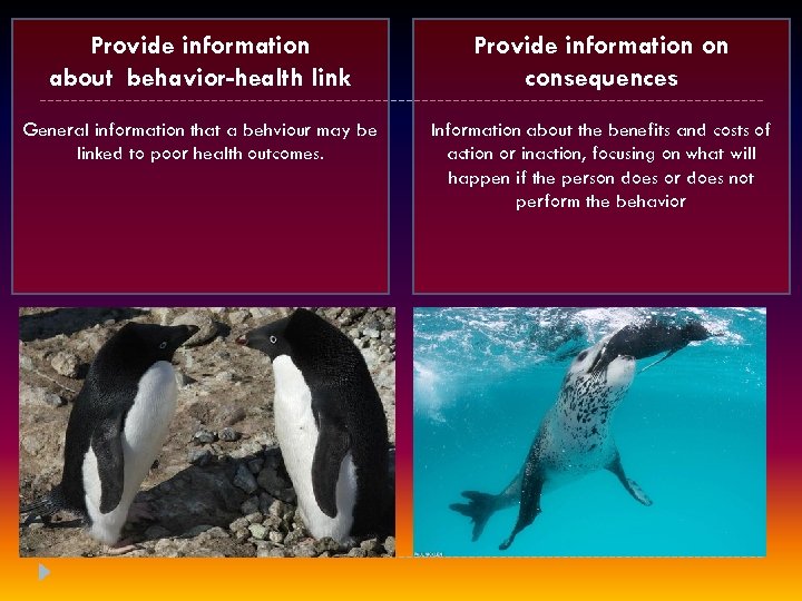 Provide information about behavior-health link Provide information on consequences General information that a behviour