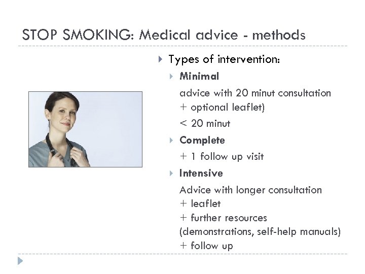 STOP SMOKING: Medical advice - methods Types of intervention: Minimal advice with 20 minut