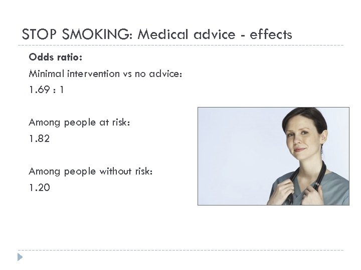 STOP SMOKING: Medical advice - effects Odds ratio: Minimal intervention vs no advice: 1.