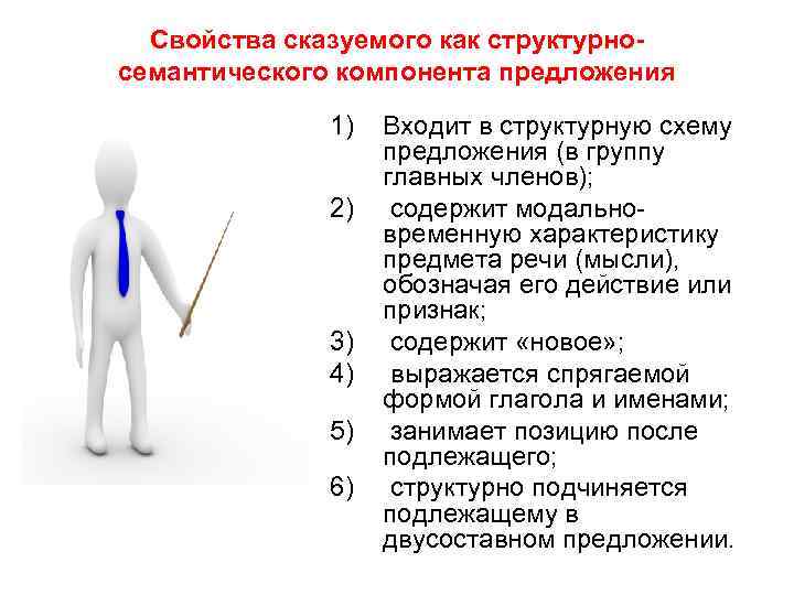 Свойства сказуемого как структурносемантического компонента предложения 1) 2) 3) 4) 5) 6) Входит в