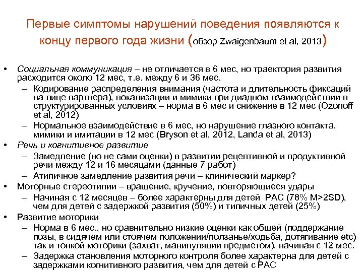 Первые симптомы нарушений поведения появляются к концу первого года жизни (обзор Zwaigenbaum et al,