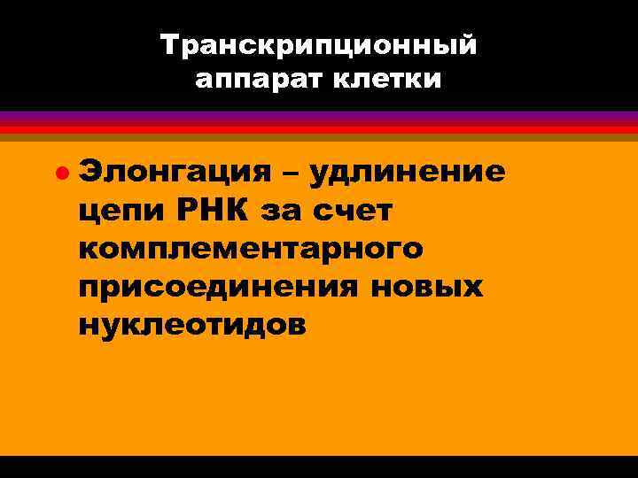 Транскрипционный аппарат клетки l Элонгация – удлинение цепи РНК за счет комплементарного присоединения новых
