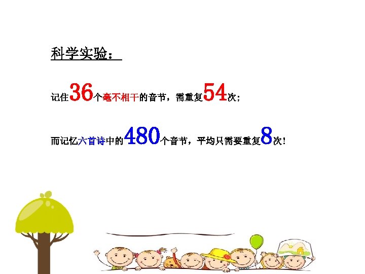 科学实验： 36 记住 54 个毫不相干的音节，需重复 480 而记忆六首诗中的 次; 8 个音节，平均只需要重复 次! 