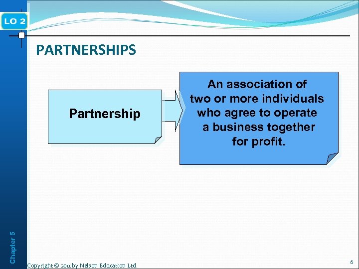 PARTNERSHIPS Chapter 5 Partnership Copyright © 2011 by Nelson Education Ltd. An association of