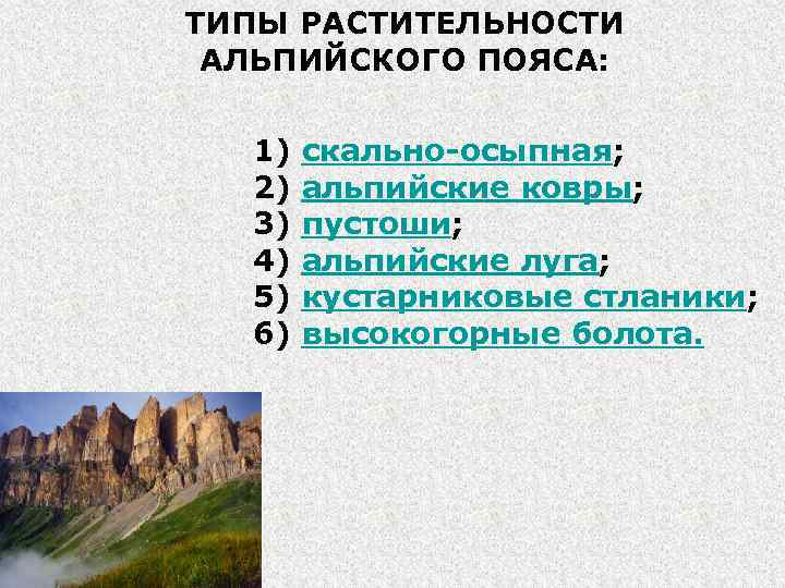 ТИПЫ РАСТИТЕЛЬНОСТИ АЛЬПИЙСКОГО ПОЯСА: 1) 2) 3) 4) 5) 6) скально-осыпная; альпийские ковры; пустоши;