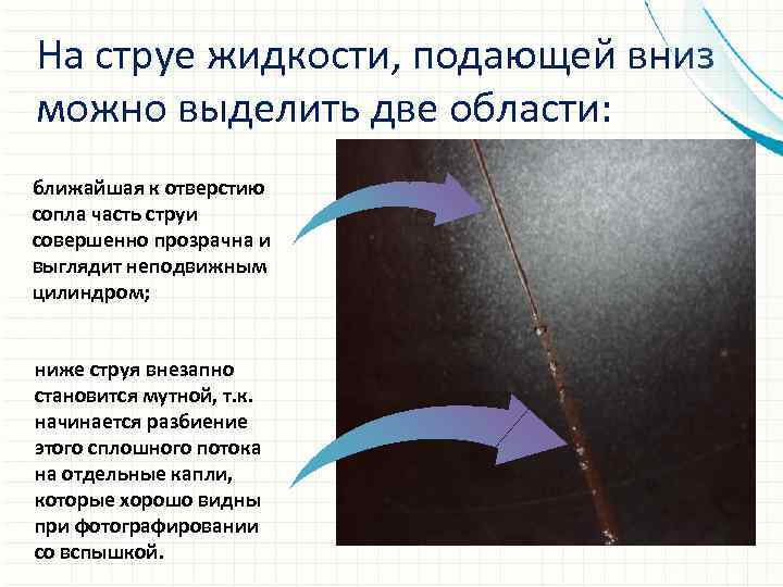 На струе жидкости, подающей вниз можно выделить две области: ближайшая к отверстию сопла часть