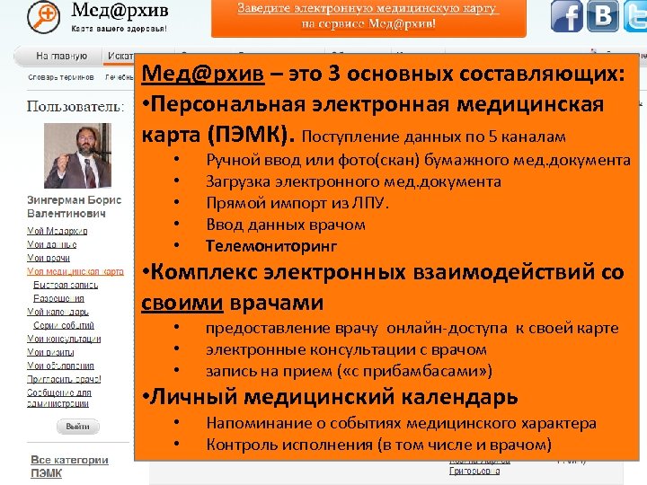 Мед@рхив – это 3 основных составляющих: • Персональная электронная медицинская карта (ПЭМК). Поступление данных