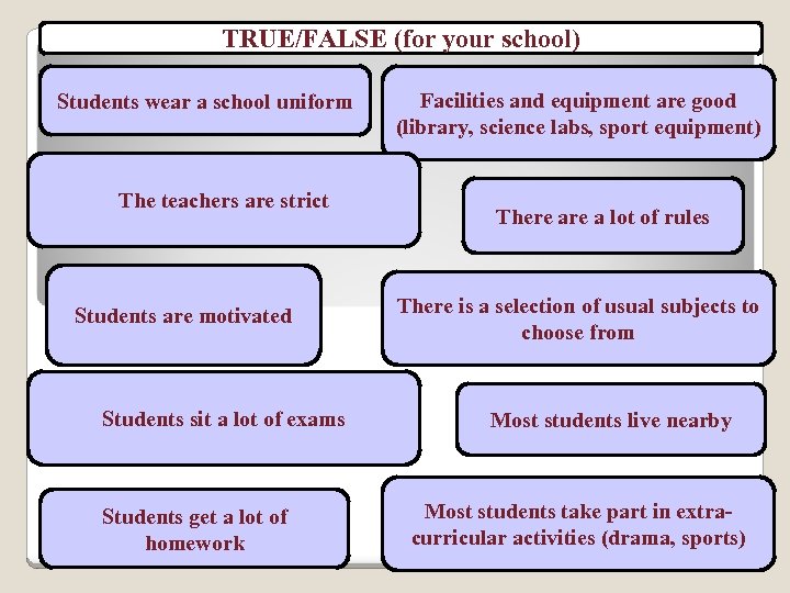 TRUE/FALSE (for your school) Students wear a school uniform The teachers are strict Students