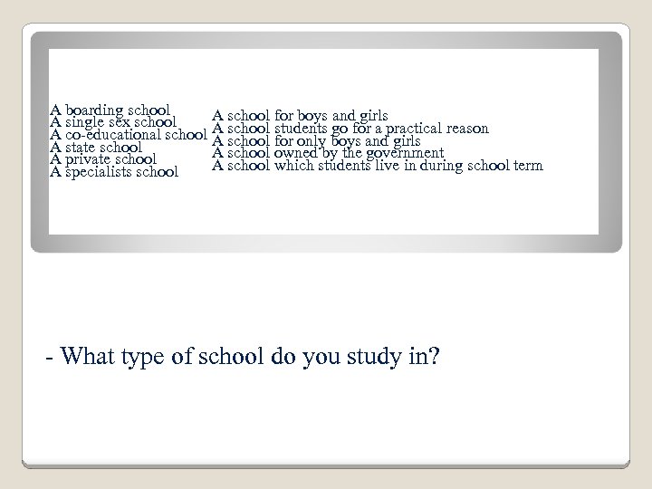A boarding school A school for boys and girls A single sex school A