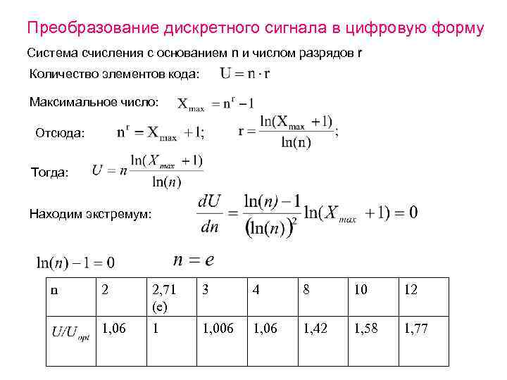 Преобразование дискретного сигнала в цифровую форму Система счисления с основанием n и числом разрядов