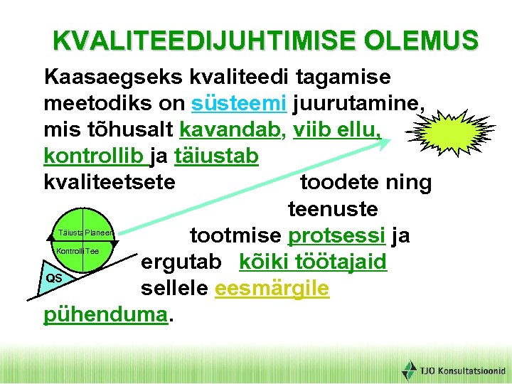 KVALITEEDIJUHTIMISE OLEMUS Kaasaegseks kvaliteedi tagamise meetodiks on süsteemi juurutamine, mis tõhusalt kavandab, viib ellu,