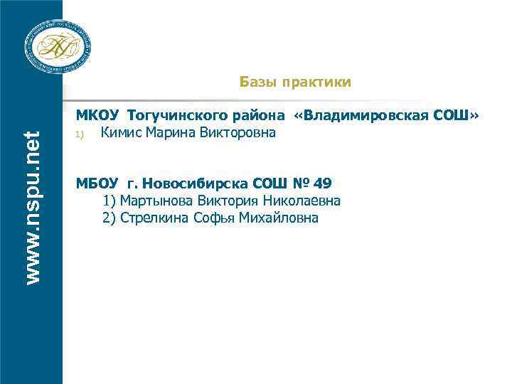 www. nspu. net Базы практики МКОУ Тогучинского района «Владимировская СОШ» 1) Кимис Марина Викторовна