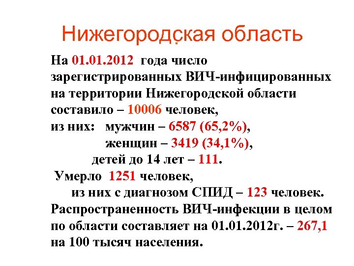 Нижегородская область. На 01. 2012 года число зарегистрированных ВИЧ-инфицированных на территории Нижегородской области составило