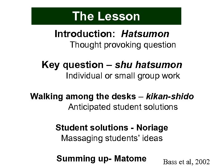 The Lesson Introduction: Hatsumon Thought provoking question Key question – shu hatsumon Individual or