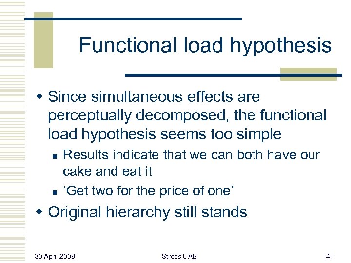 Functional load hypothesis w Since simultaneous effects are perceptually decomposed, the functional load hypothesis