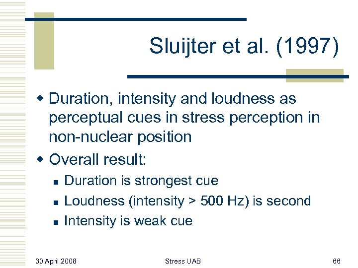 Sluijter et al. (1997) w Duration, intensity and loudness as perceptual cues in stress