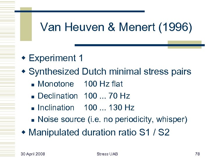 Van Heuven & Menert (1996) w Experiment 1 w Synthesized Dutch minimal stress pairs