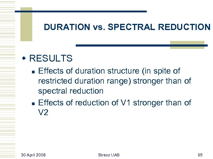 DURATION vs. SPECTRAL REDUCTION w RESULTS n n Effects of duration structure (in spite