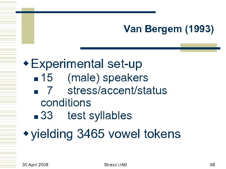 Van Bergem (1993) w Experimental set-up 15 (male) speakers n 7 stress/accent/status conditions n