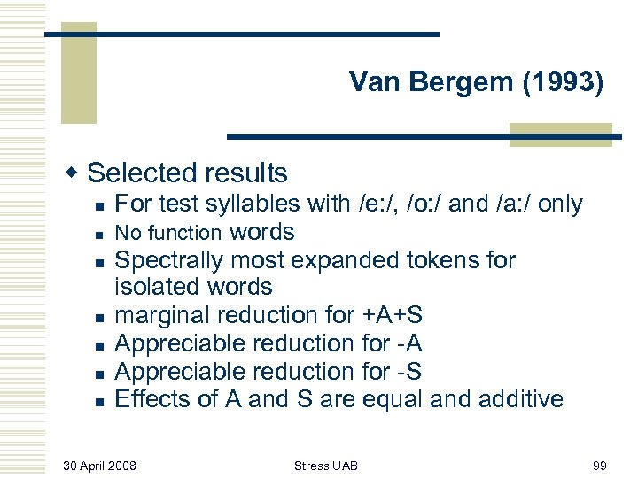 Van Bergem (1993) w Selected results n n n n For test syllables with