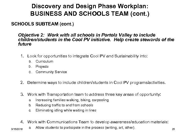 Discovery and Design Phase Workplan: BUSINESS AND SCHOOLS TEAM (cont. ) SCHOOLS SUBTEAM (cont.
