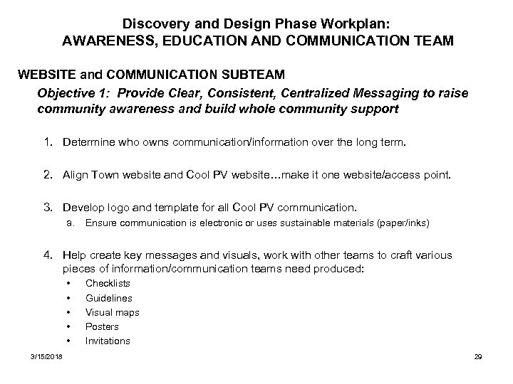Discovery and Design Phase Workplan: AWARENESS, EDUCATION AND COMMUNICATION TEAM WEBSITE and COMMUNICATION SUBTEAM