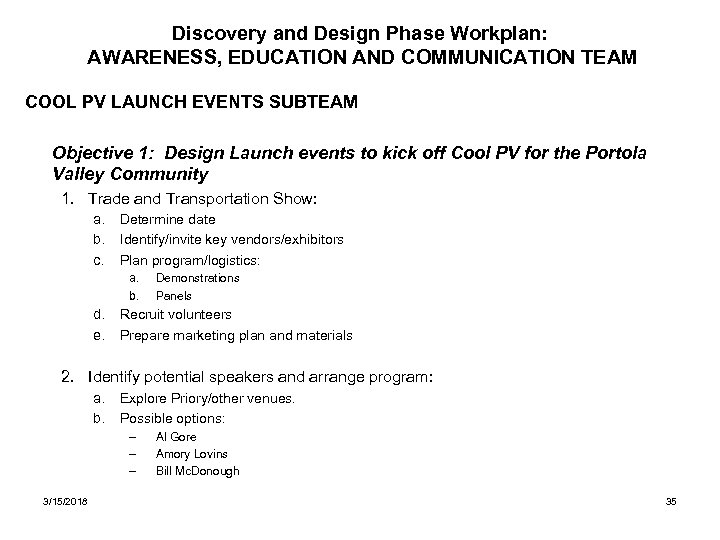 Discovery and Design Phase Workplan: AWARENESS, EDUCATION AND COMMUNICATION TEAM COOL PV LAUNCH EVENTS