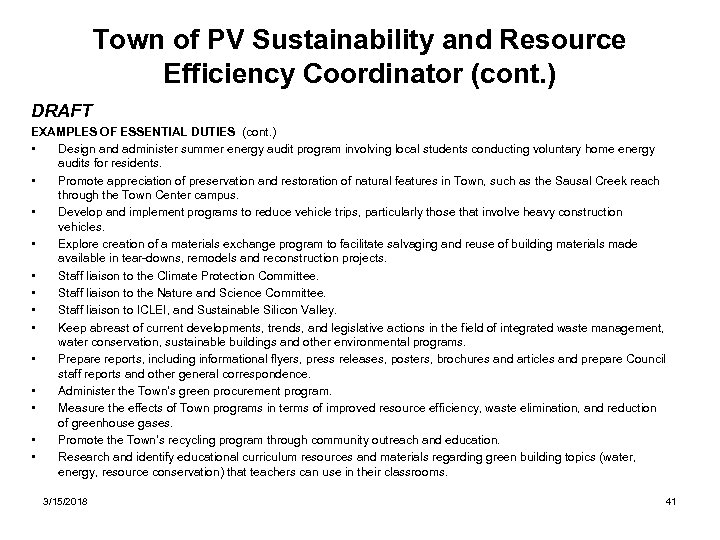 Town of PV Sustainability and Resource Efficiency Coordinator (cont. ) DRAFT EXAMPLES OF ESSENTIAL