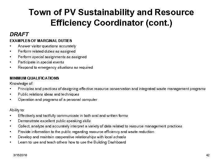 Town of PV Sustainability and Resource Efficiency Coordinator (cont. ) DRAFT EXAMPLES OF MARGINAL