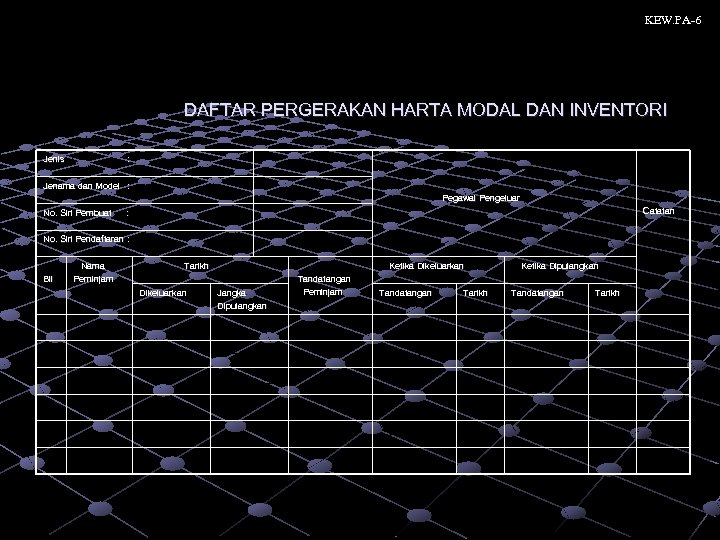 KEW. PA-6 DAFTAR PERGERAKAN HARTA MODAL DAN INVENTORI Jenis : Jenama dan Model :