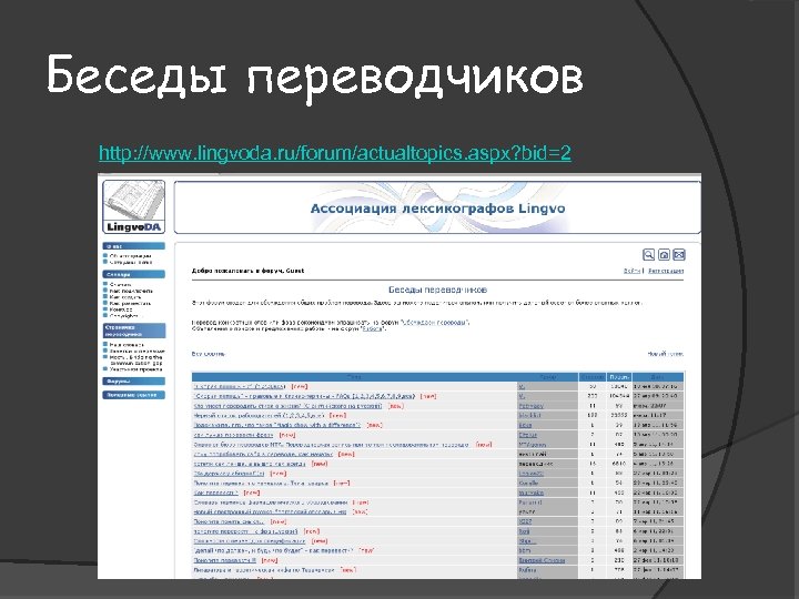 Беседы переводчиков http: //www. lingvoda. ru/forum/actualtopics. aspx? bid=2 